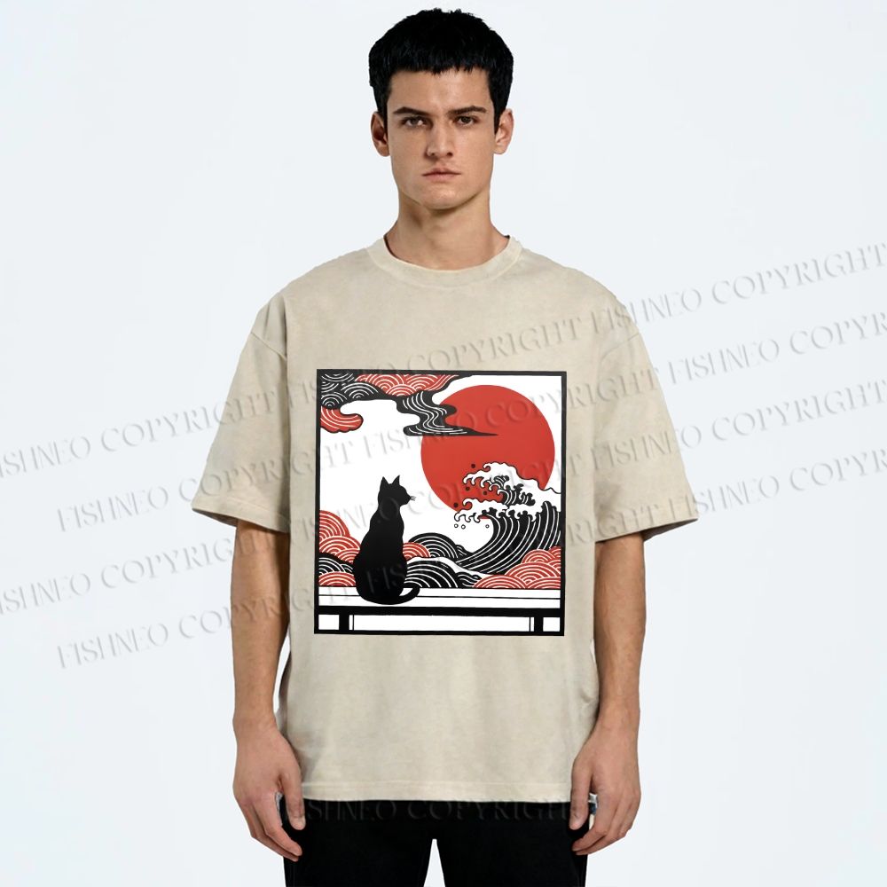 Unisex Japanese Ukiyo-e Wave Black Cat Printed Washed Tee