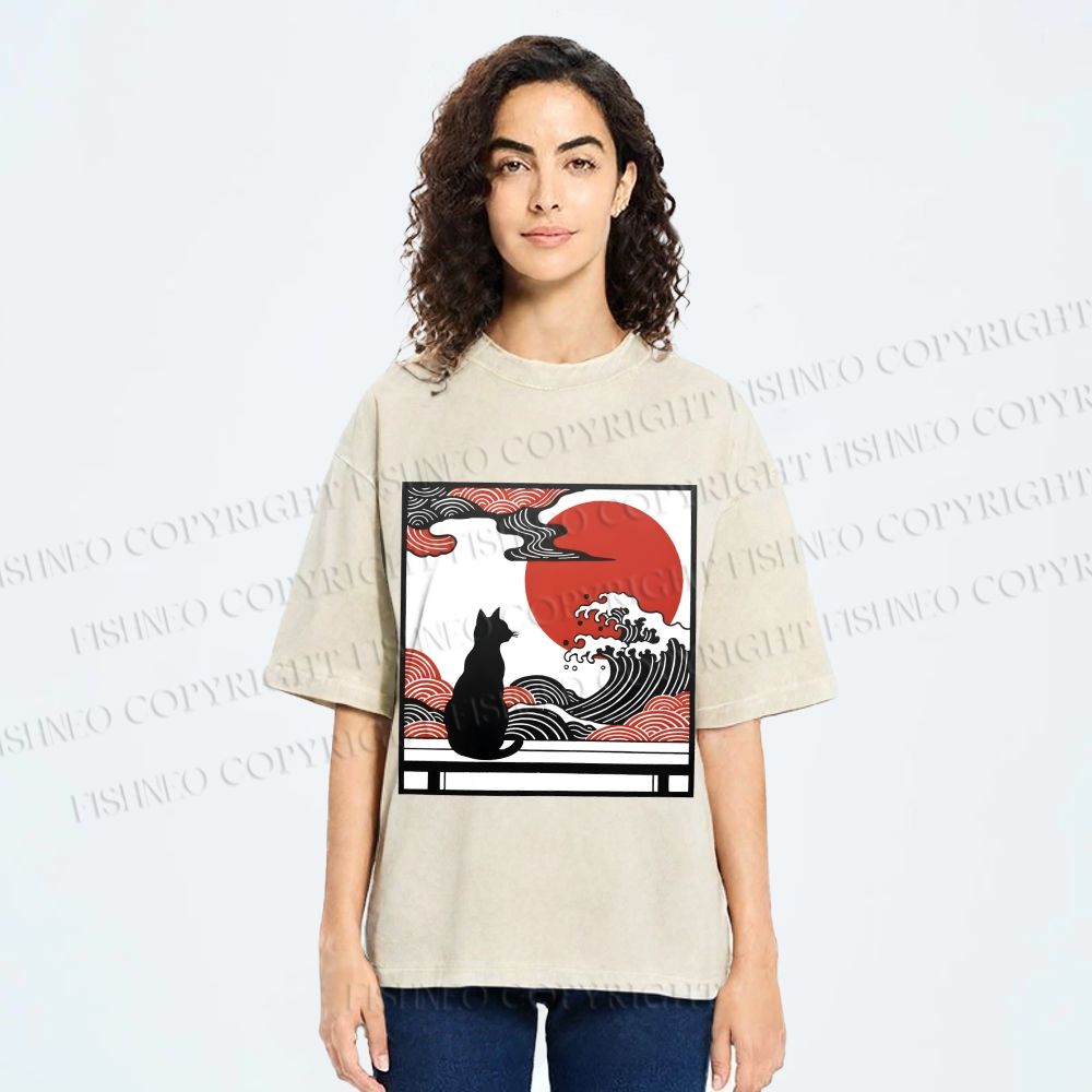 Unisex Japanese Ukiyo-e Wave Black Cat Printed Washed Tee