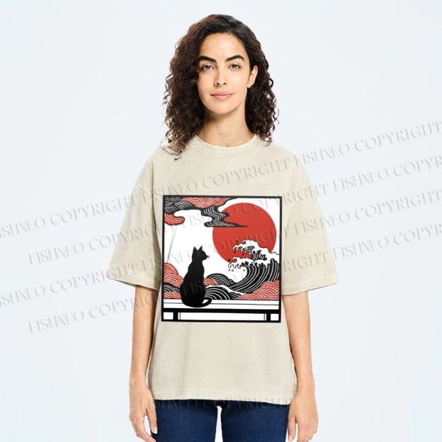 Unisex Japanese Ukiyo-e Wave Black Cat Printed Washed Tee