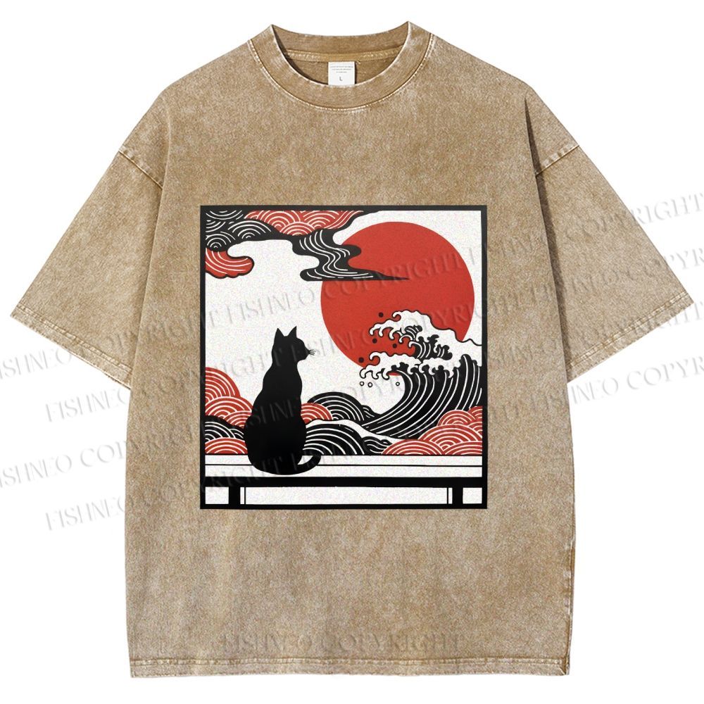 Unisex Japanese Ukiyo-e Wave Black Cat Printed Washed Tee