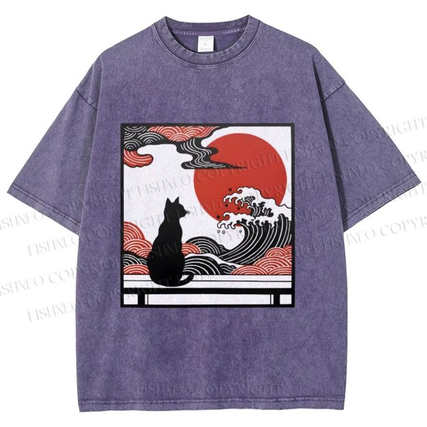 Unisex Japanese Ukiyo-e Wave Black Cat Printed Washed Tee