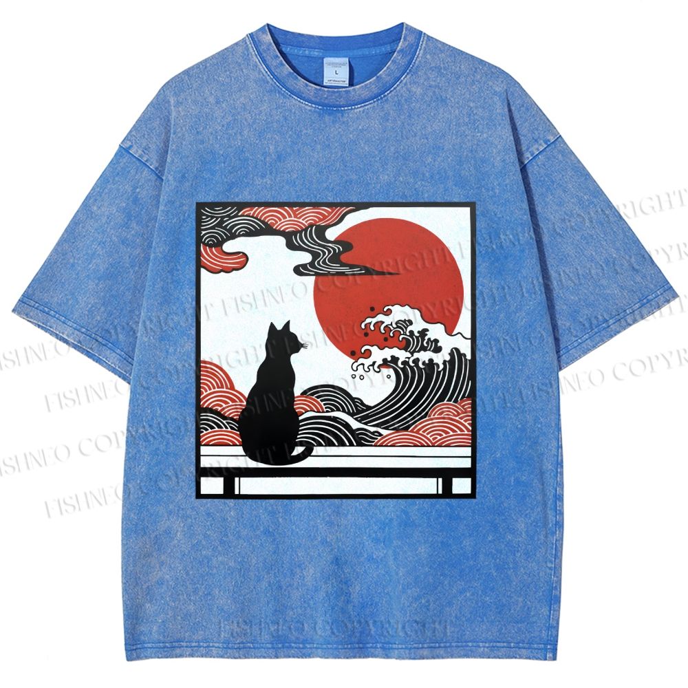 Unisex Japanese Ukiyo-e Wave Black Cat Printed Washed Tee