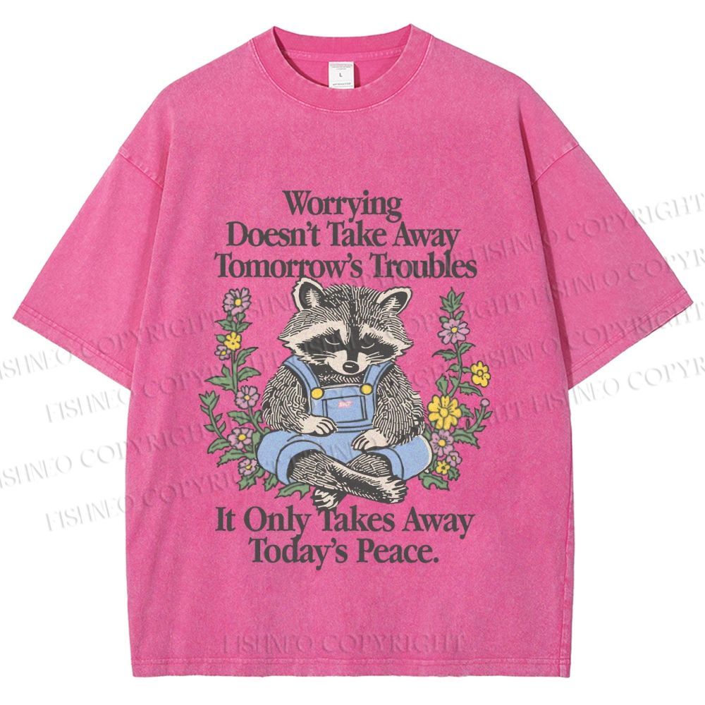 Unisex Worrying Only Take Away Today's Peace Wise Raccoon Printed Washed Tee