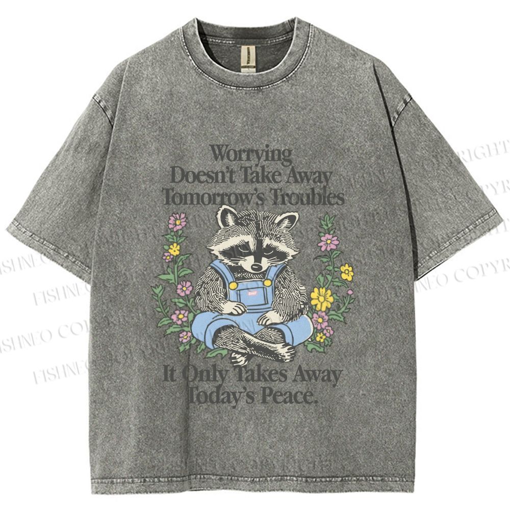 Unisex Worrying Only Take Away Today's Peace Wise Raccoon Printed Washed Tee
