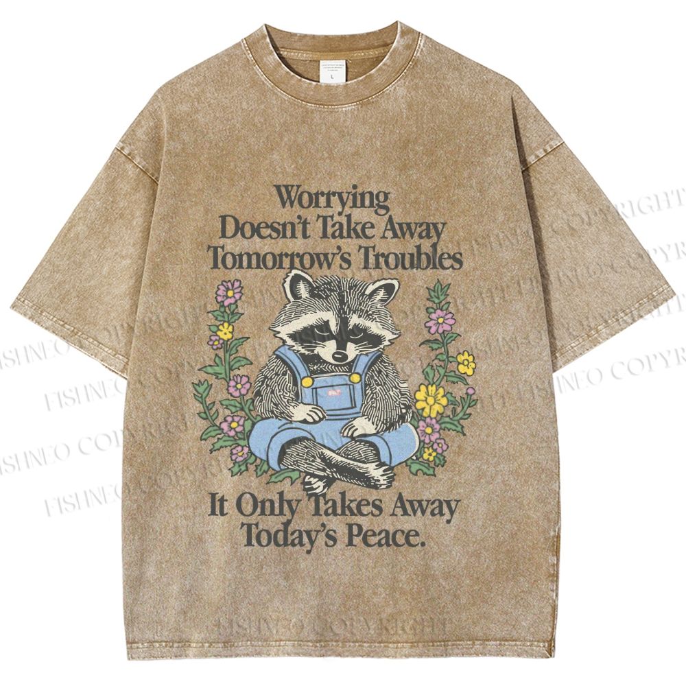 Unisex Worrying Only Take Away Today's Peace Wise Raccoon Printed Washed Tee