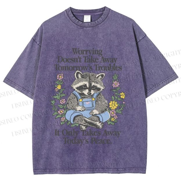 Unisex Worrying Only Take Away Today's Peace Wise Raccoon Printed Washed Tee