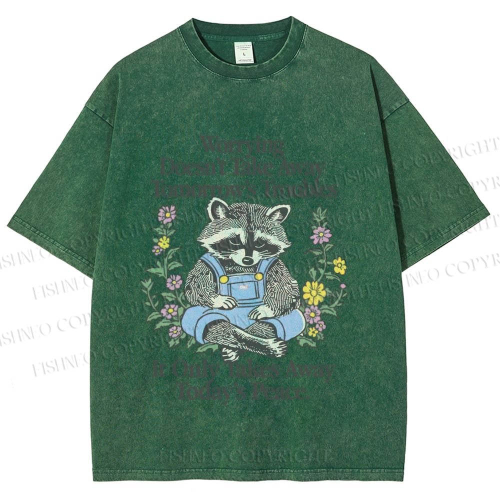 Unisex Worrying Only Take Away Today's Peace Wise Raccoon Printed Washed Tee