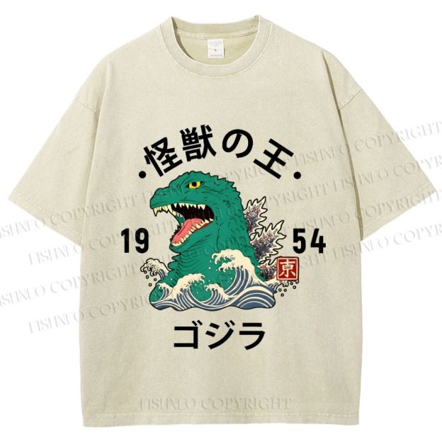 Unisex Japanese Wave Godzilla Printed Washed Tee