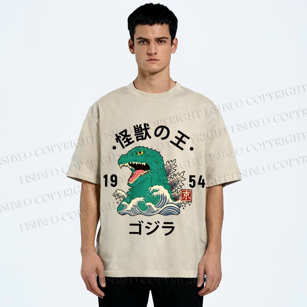 Unisex Japanese Wave Godzilla Printed Washed Tee