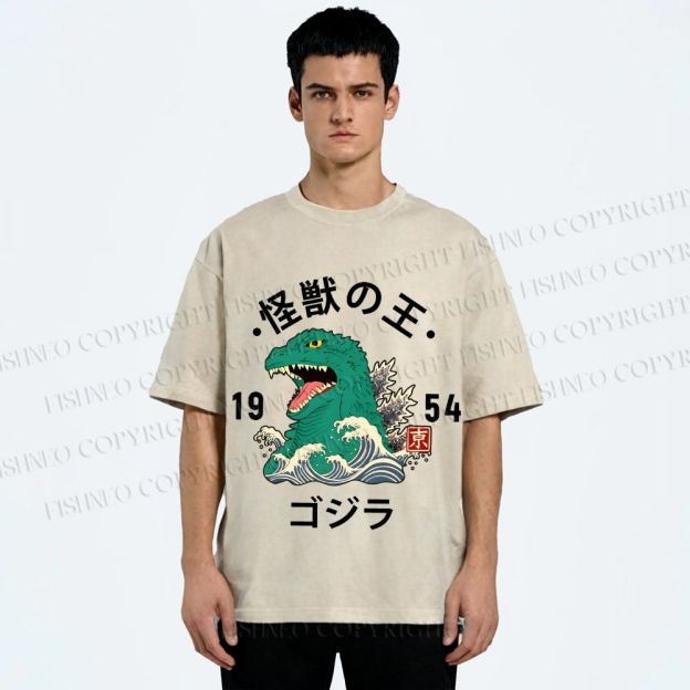 Unisex Japanese Wave Godzilla Printed Washed Tee