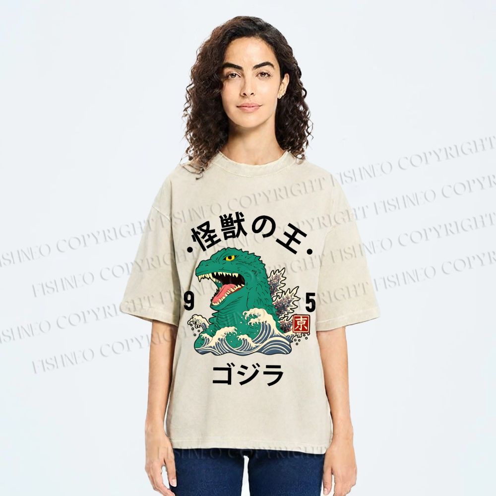 Unisex Japanese Wave Godzilla Printed Washed Tee