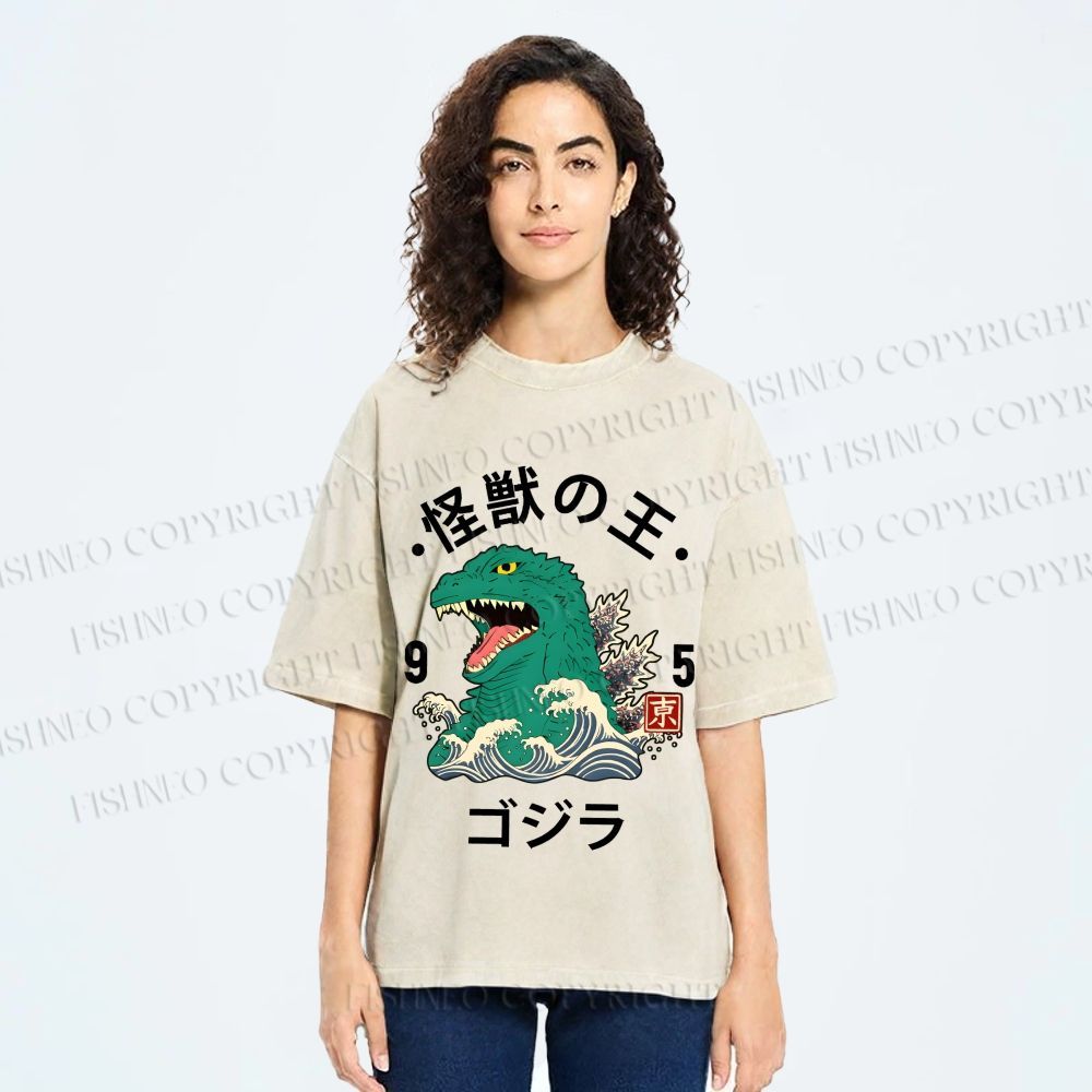 Unisex Japanese Wave Godzilla Printed Washed Tee