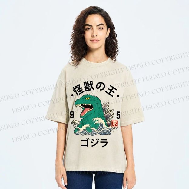 Unisex Japanese Wave Godzilla Printed Washed Tee