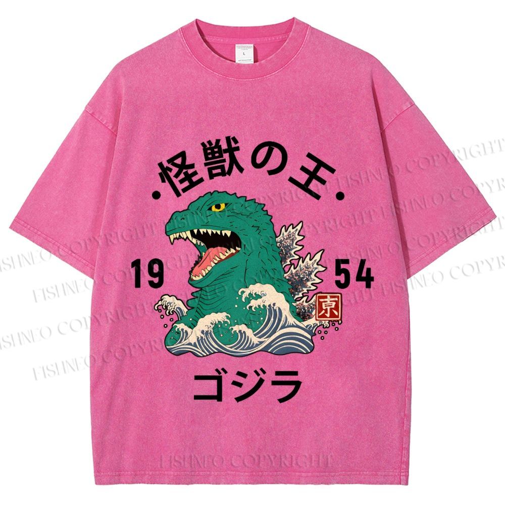 Unisex Japanese Wave Godzilla Printed Washed Tee