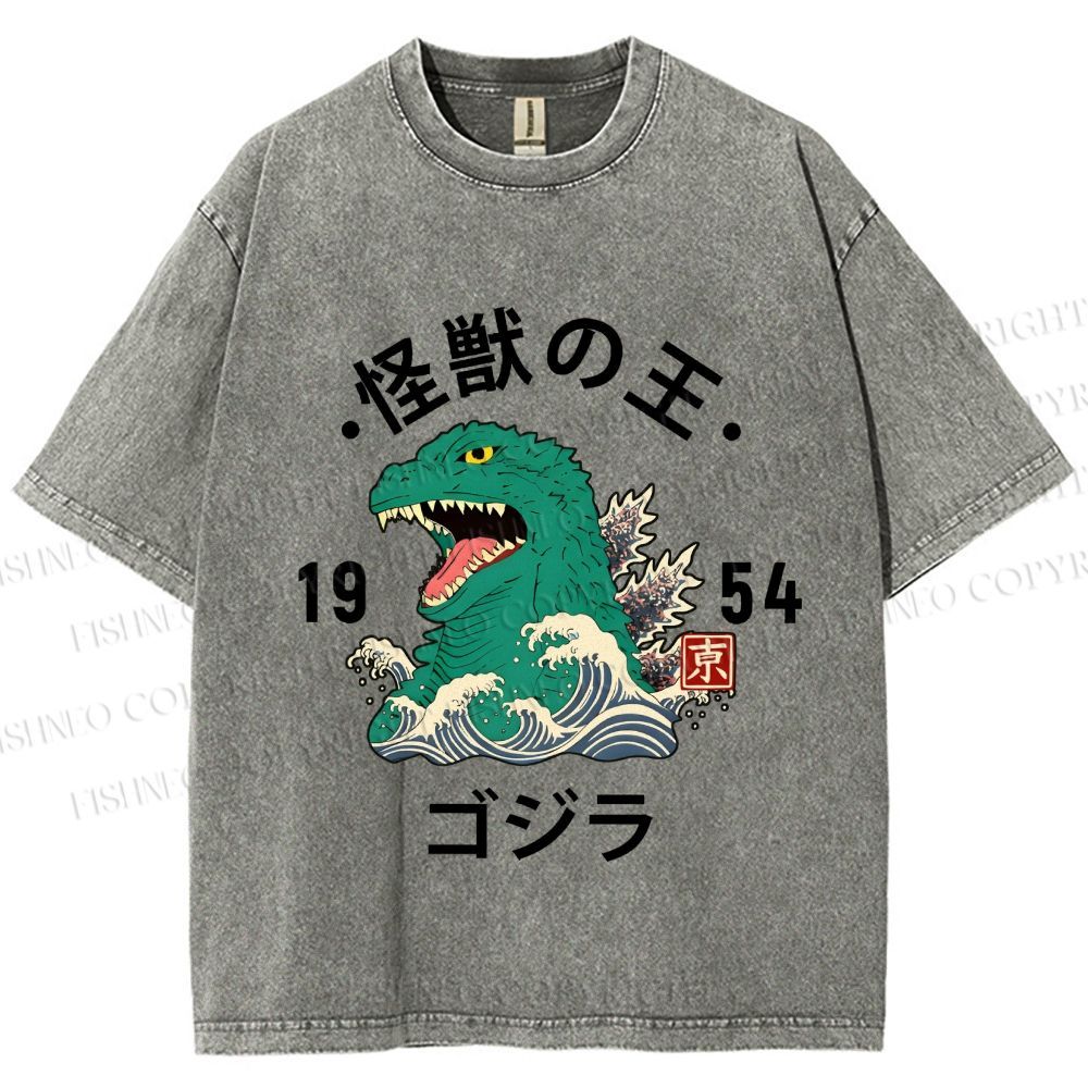 Unisex Japanese Wave Godzilla Printed Washed Tee