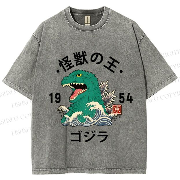 Unisex Japanese Wave Godzilla Printed Washed Tee