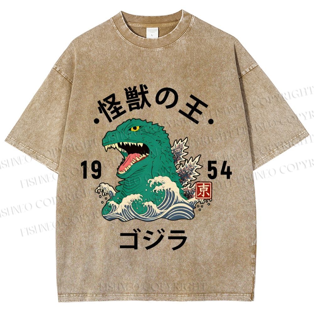 Unisex Japanese Wave Godzilla Printed Washed Tee