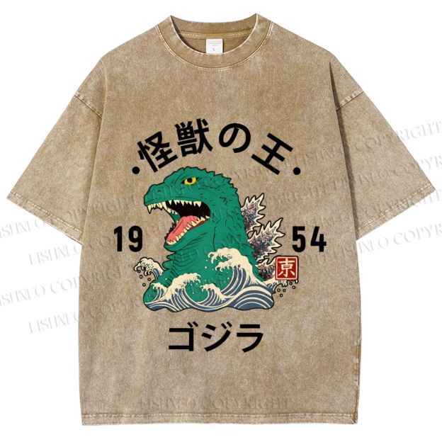Unisex Japanese Wave Godzilla Printed Washed Tee