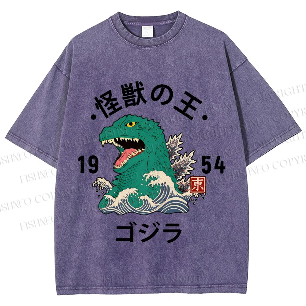 Unisex Japanese Wave Godzilla Printed Washed Tee