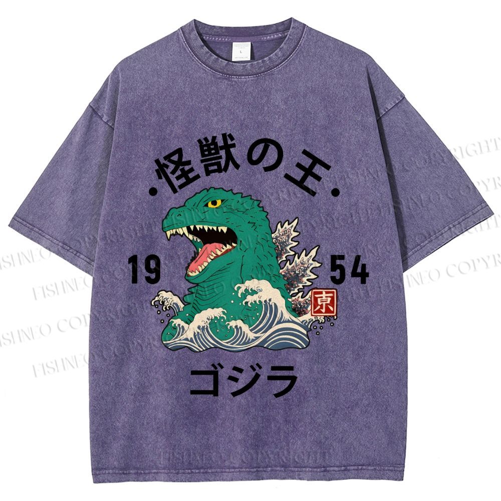 Unisex Japanese Wave Godzilla Printed Washed Tee