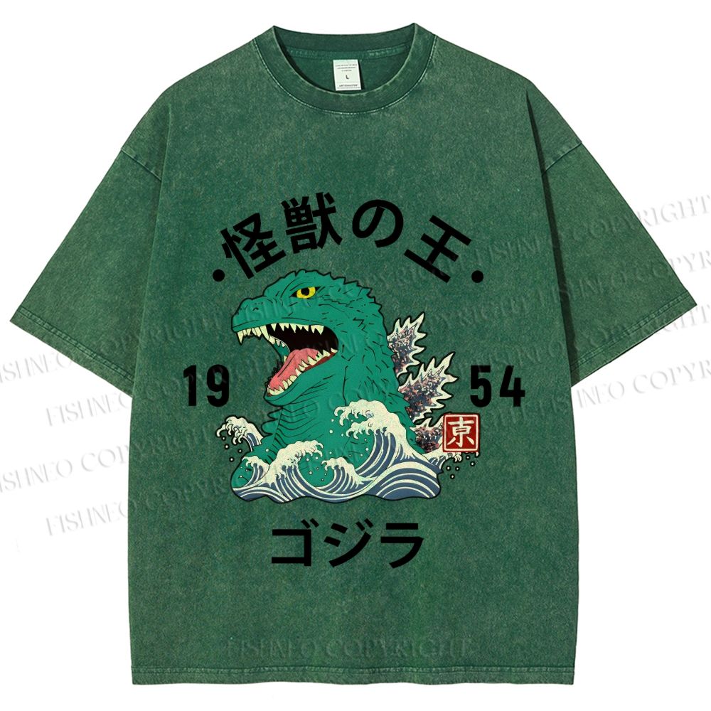 Unisex Japanese Wave Godzilla Printed Washed Tee