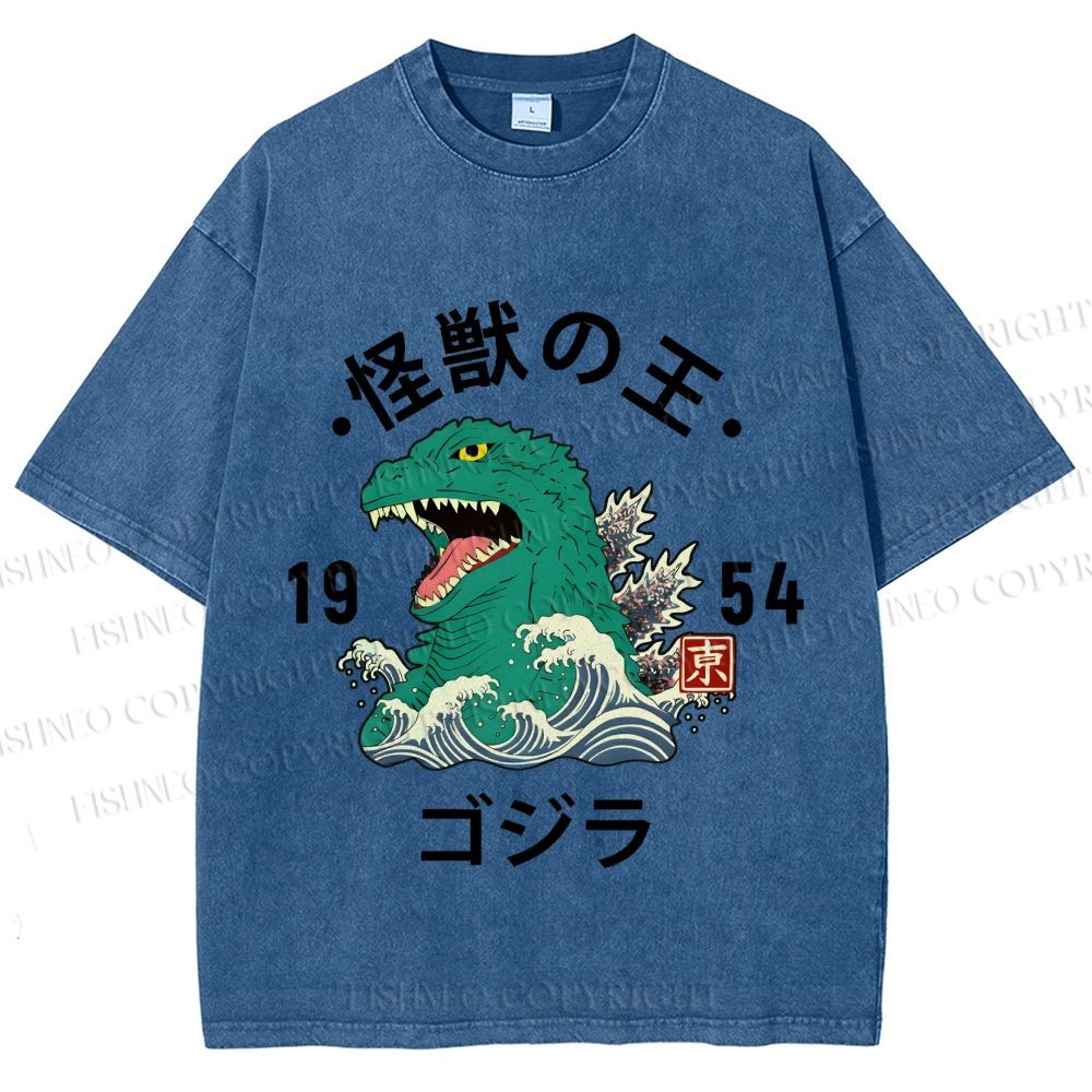 Unisex Japanese Wave Godzilla Printed Washed Tee