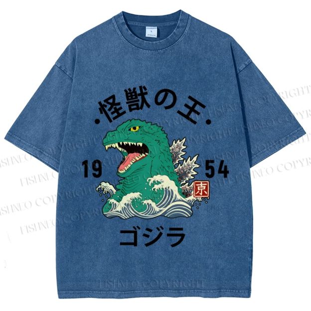 Unisex Japanese Wave Godzilla Printed Washed Tee