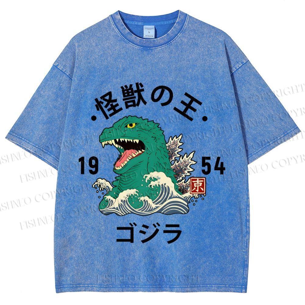 Unisex Japanese Wave Godzilla Printed Washed Tee