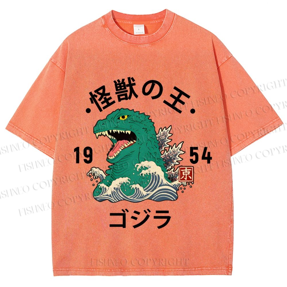 Unisex Japanese Wave Godzilla Printed Washed Tee