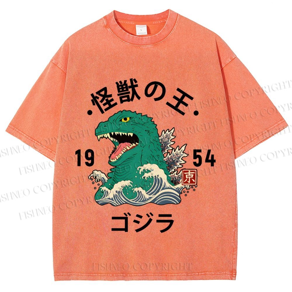 Unisex Japanese Wave Godzilla Printed Washed Tee