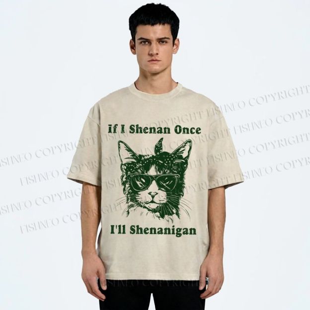 Unisex Vintage Shenanigan Cat Printed Washed Tee