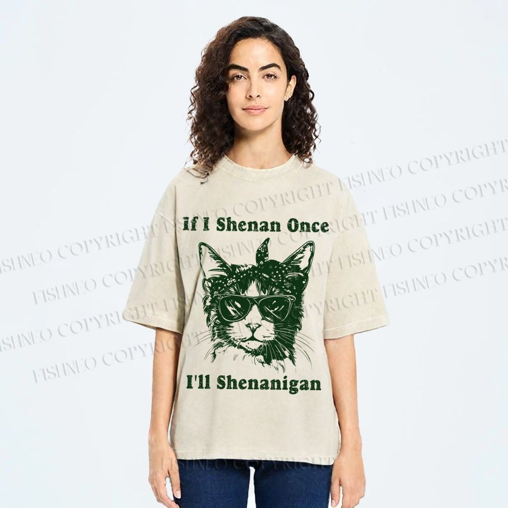 Unisex Vintage Shenanigan Cat Printed Washed Tee