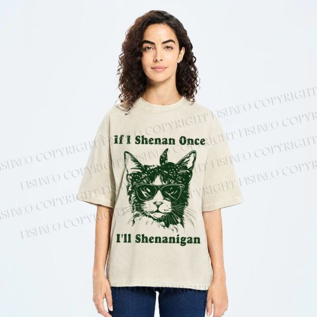 Unisex Vintage Shenanigan Cat Printed Washed Tee