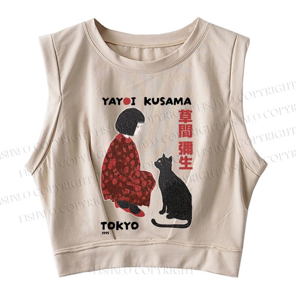 Yayoi Kusama Woman With Black Cat Printed Sleeveless Crop Tops