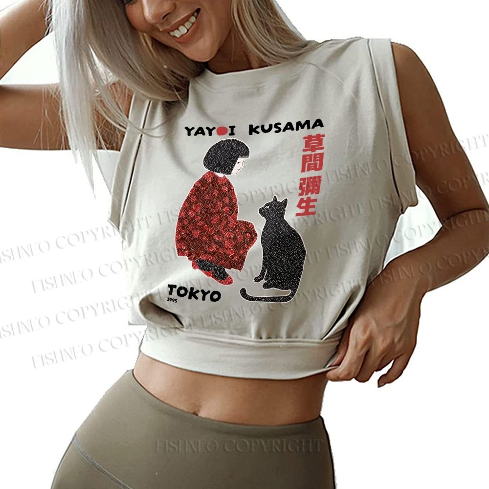 Yayoi Kusama Woman With Black Cat Printed Sleeveless Crop Tops