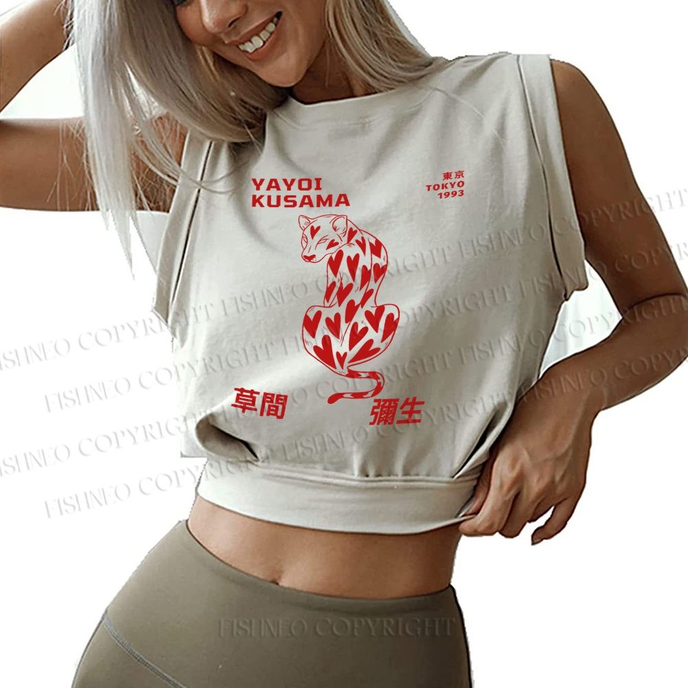 Yayoi Kusama Panther With Heart Printed Sleeveless Crop Tops