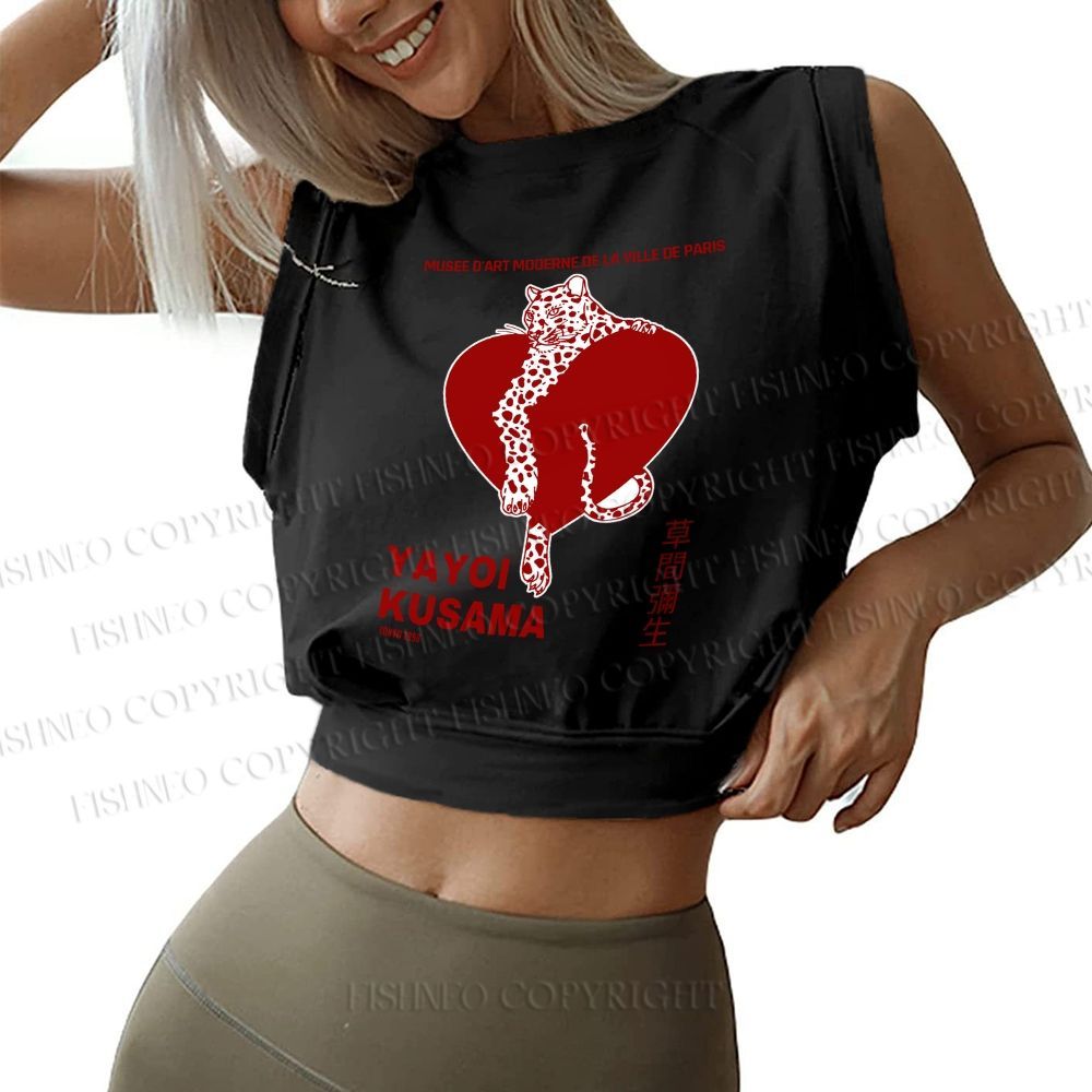 Yayoi Kusama Panther With Heart Printed Sleeveless Crop Tops