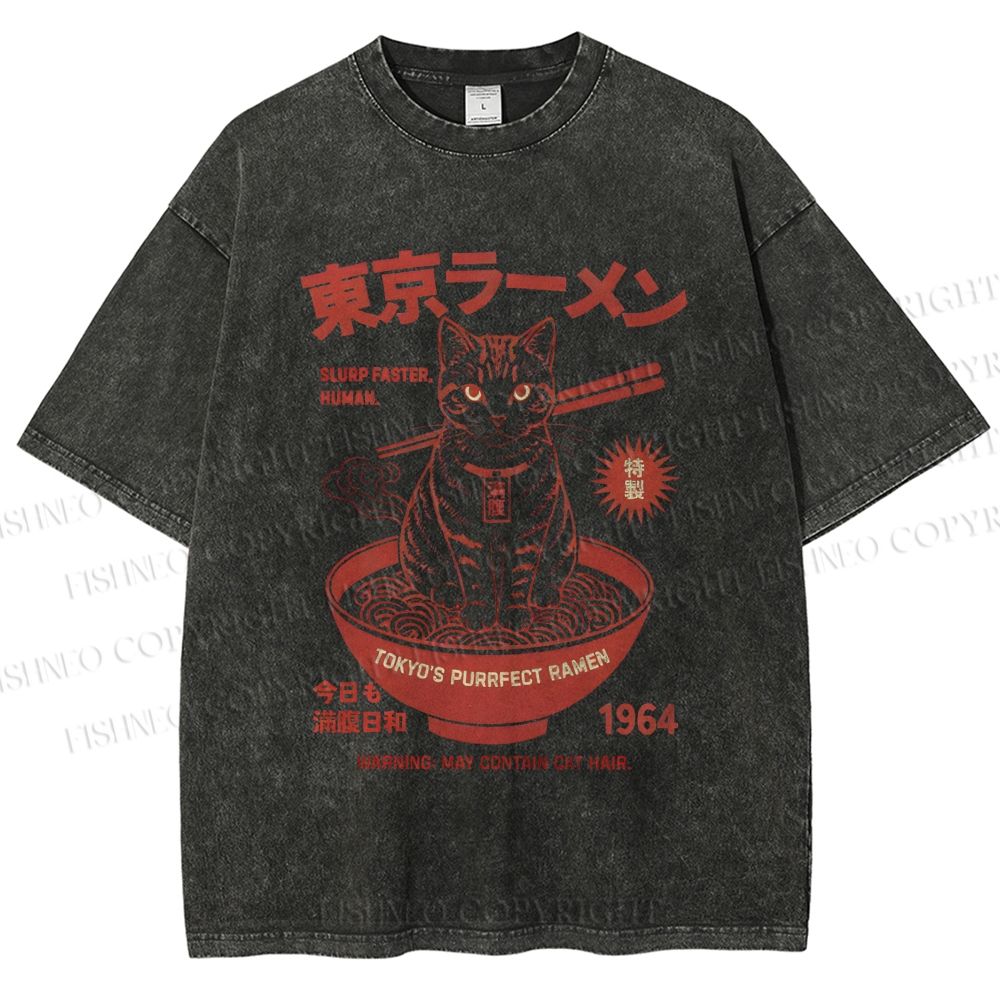 Unisex Tokyo Ramen Cat Printed Washed Tee