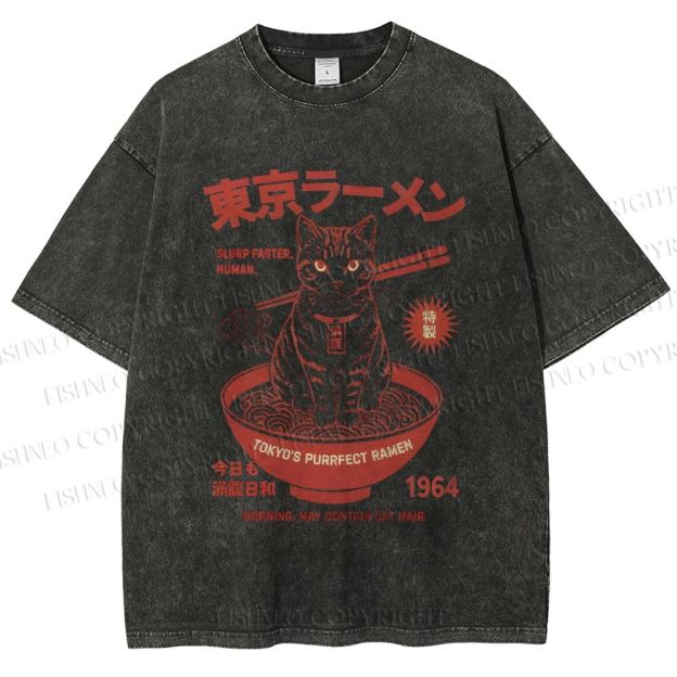 Unisex Tokyo Ramen Cat Printed Washed Tee