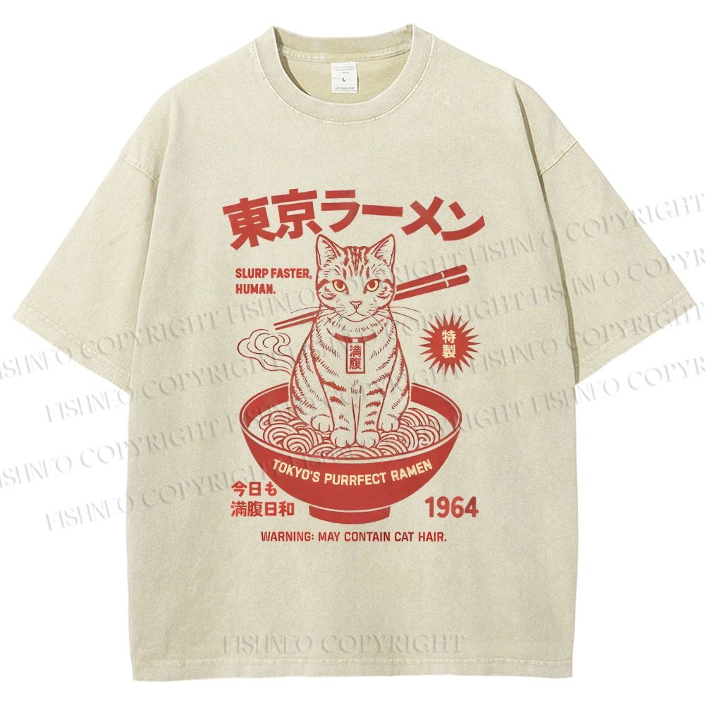 Unisex Tokyo Ramen Cat Printed Washed Tee