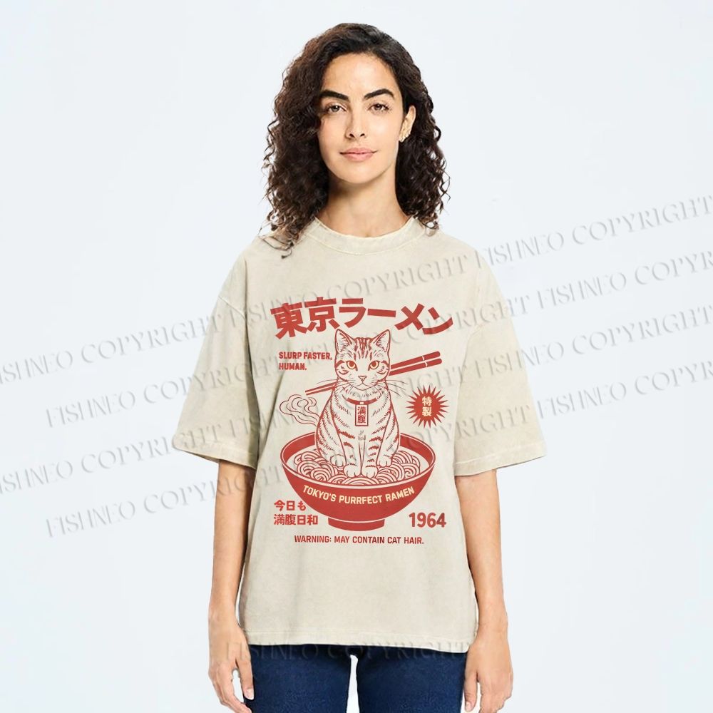 Unisex Tokyo Ramen Cat Printed Washed Tee