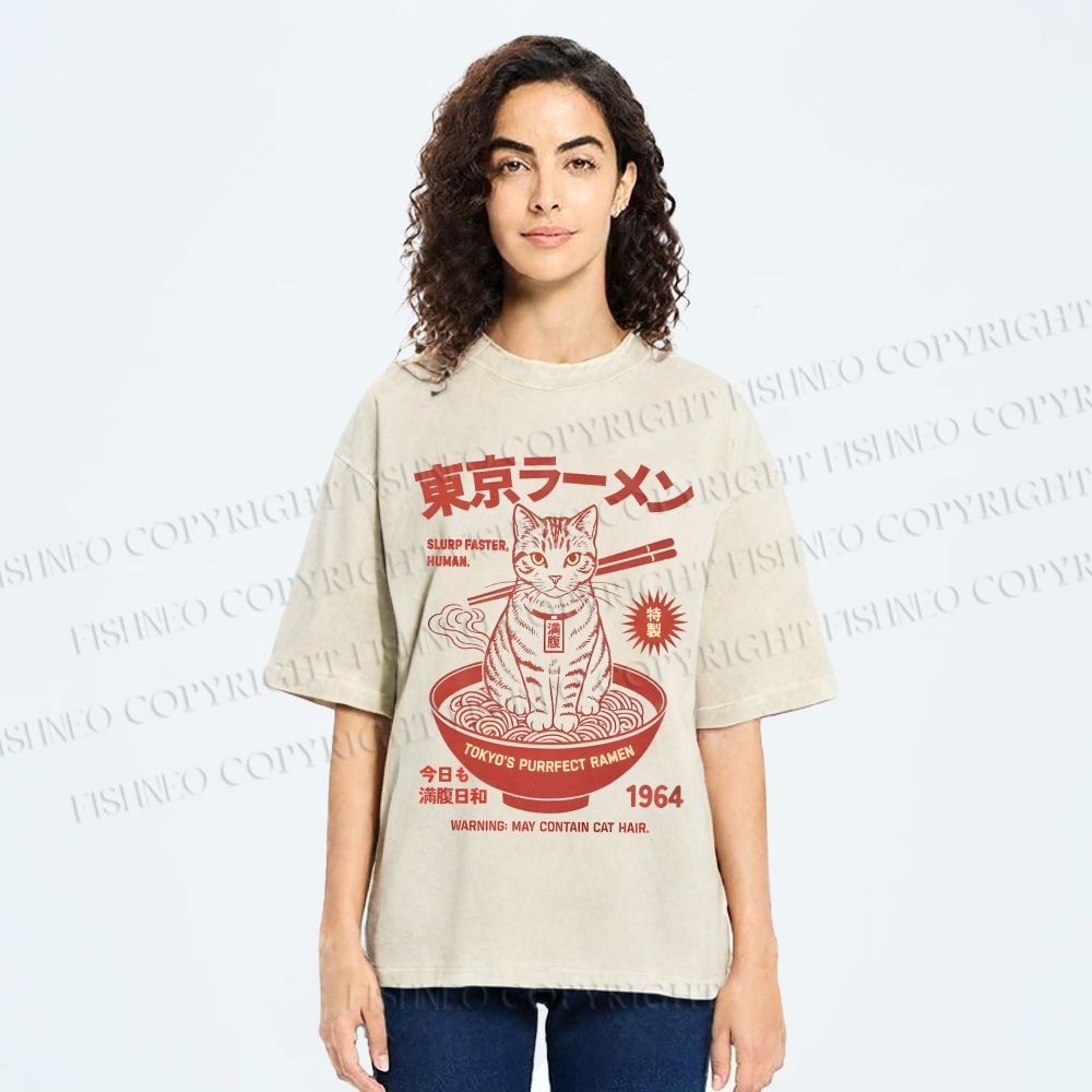 Unisex Tokyo Ramen Cat Printed Washed Tee