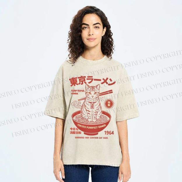 Unisex Tokyo Ramen Cat Printed Washed Tee
