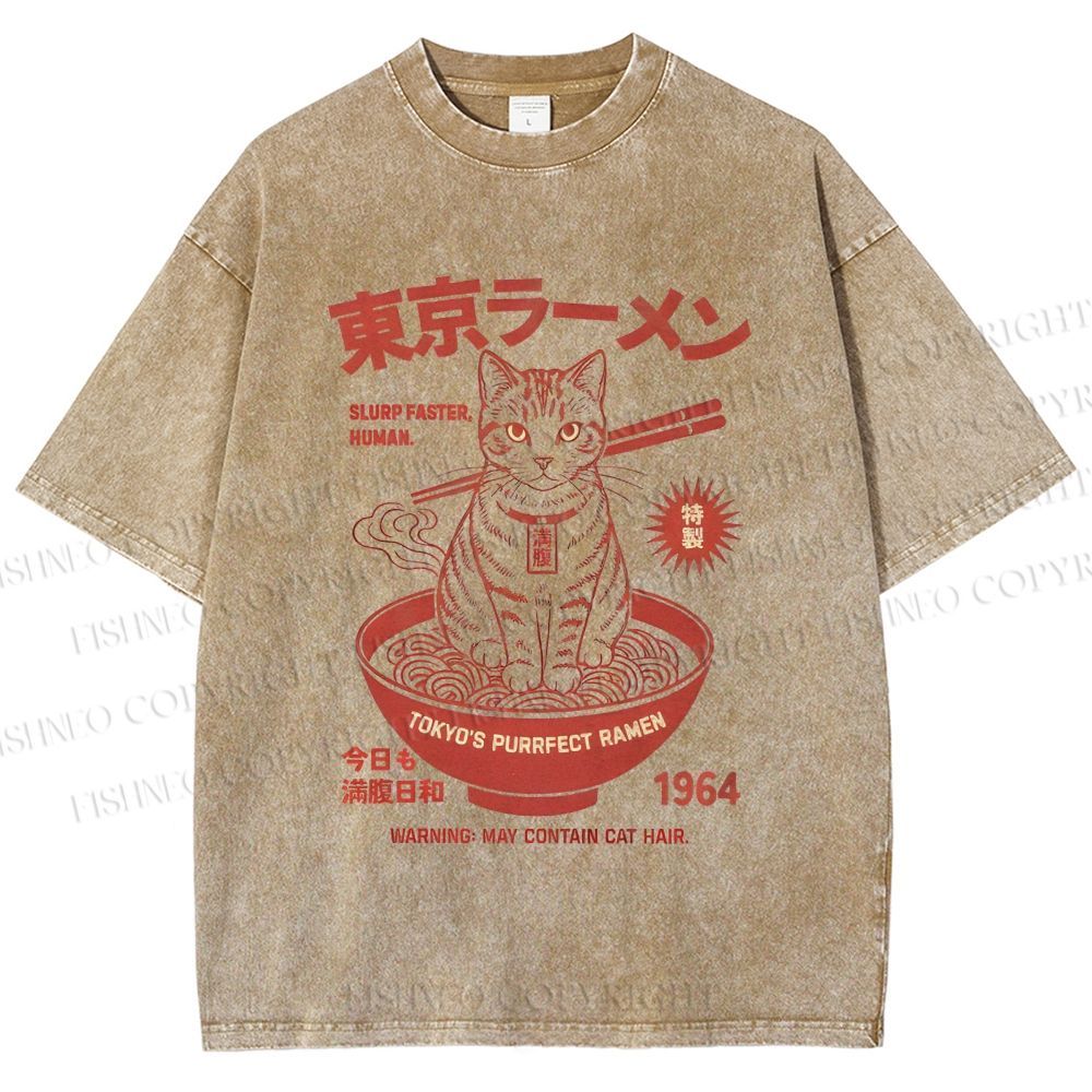 Unisex Tokyo Ramen Cat Printed Washed Tee