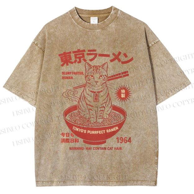 Unisex Tokyo Ramen Cat Printed Washed Tee