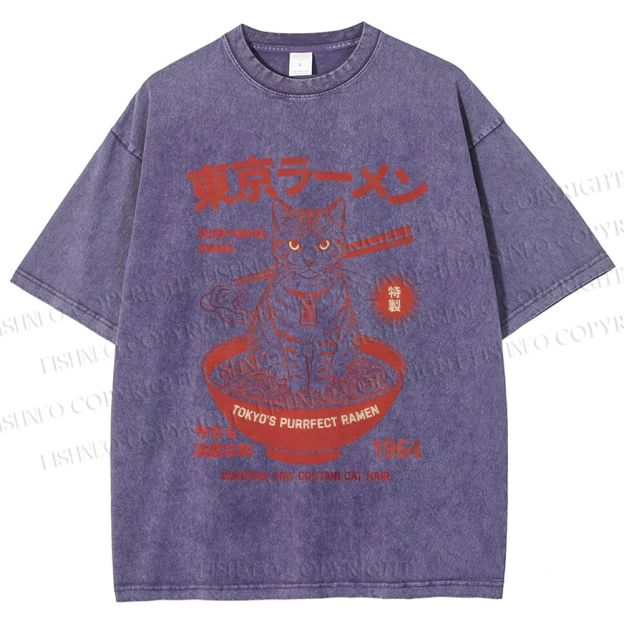 Unisex Tokyo Ramen Cat Printed Washed Tee