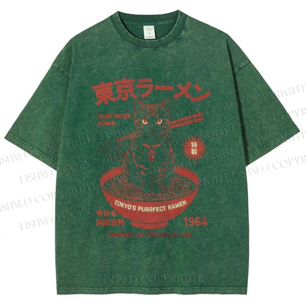 Unisex Tokyo Ramen Cat Printed Washed Tee