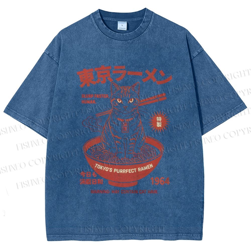 Unisex Tokyo Ramen Cat Printed Washed Tee