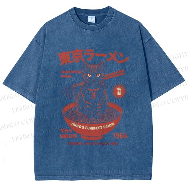 Unisex Tokyo Ramen Cat Printed Washed Tee