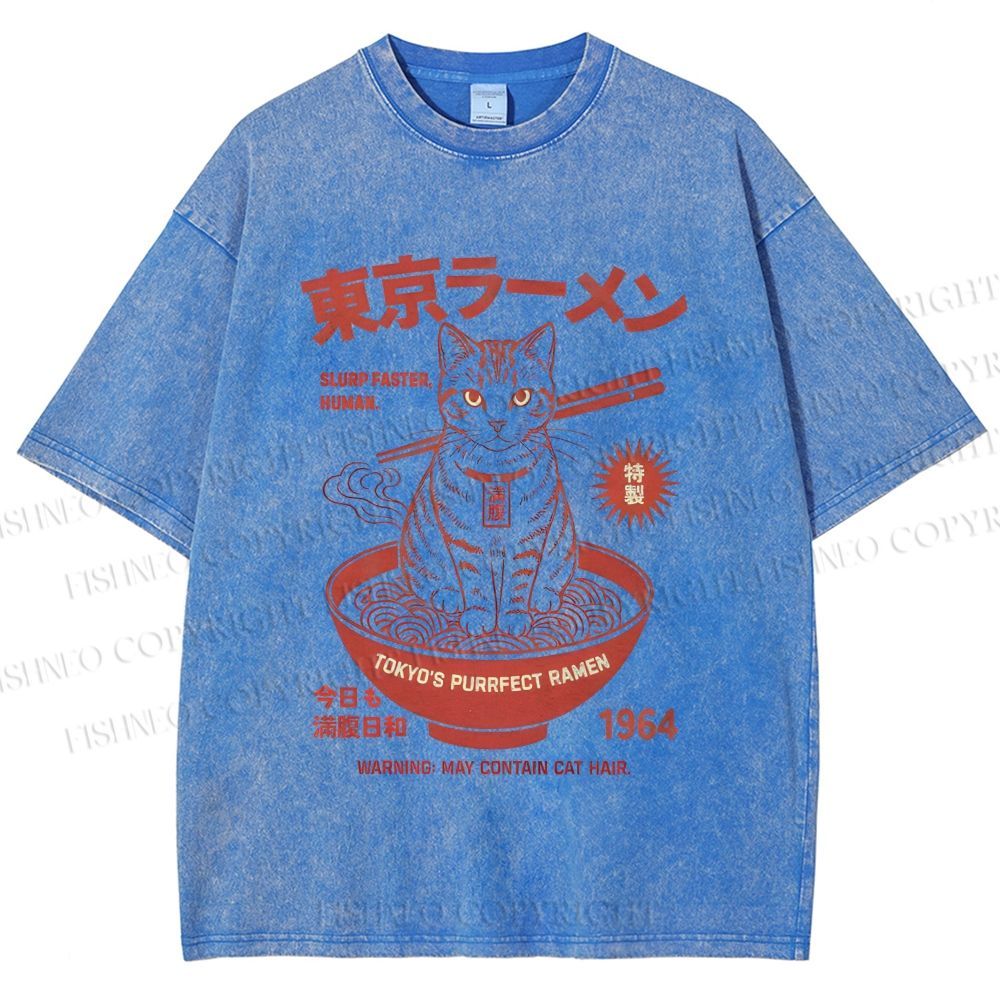 Unisex Tokyo Ramen Cat Printed Washed Tee